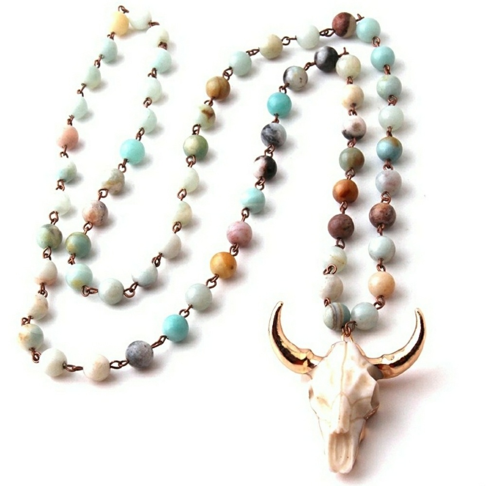Amazonite Longhorn Skull Necklace